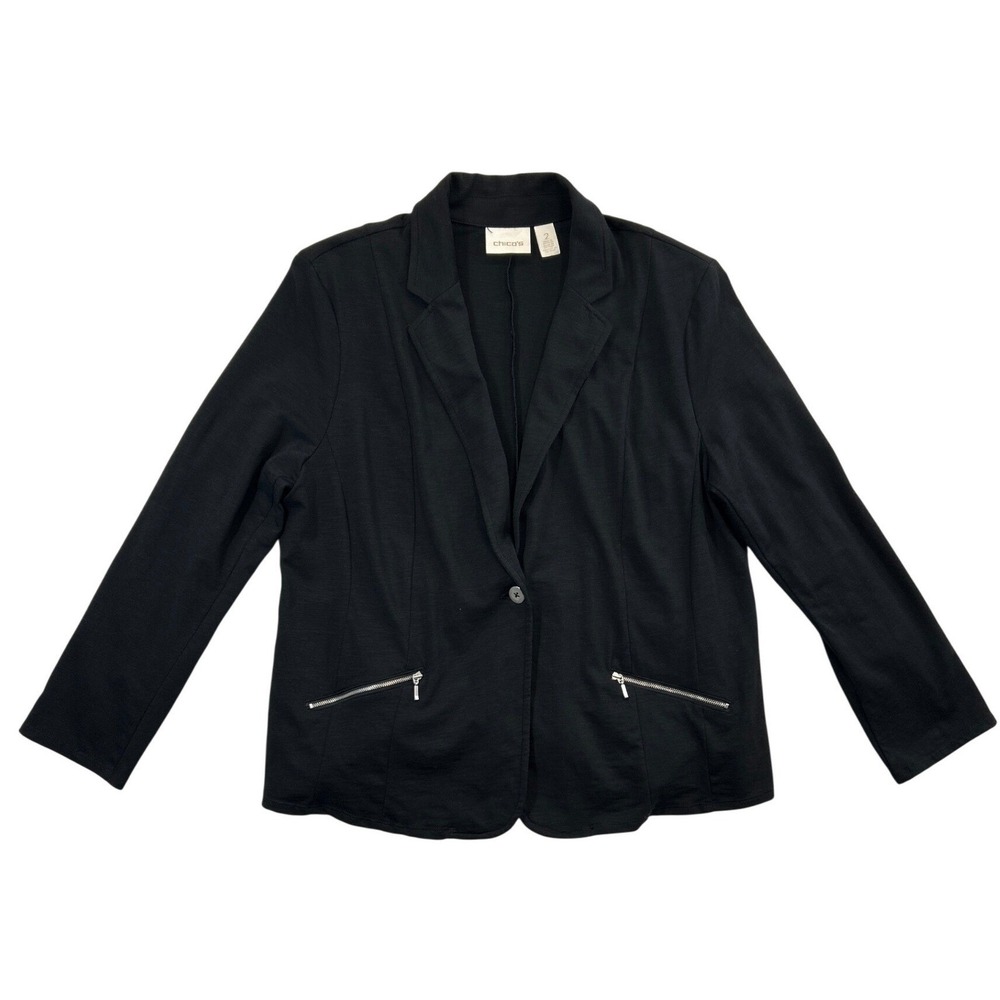 Chicos Blazer Jacket Womens 2 M Black Knit‎ Zipper Pockets